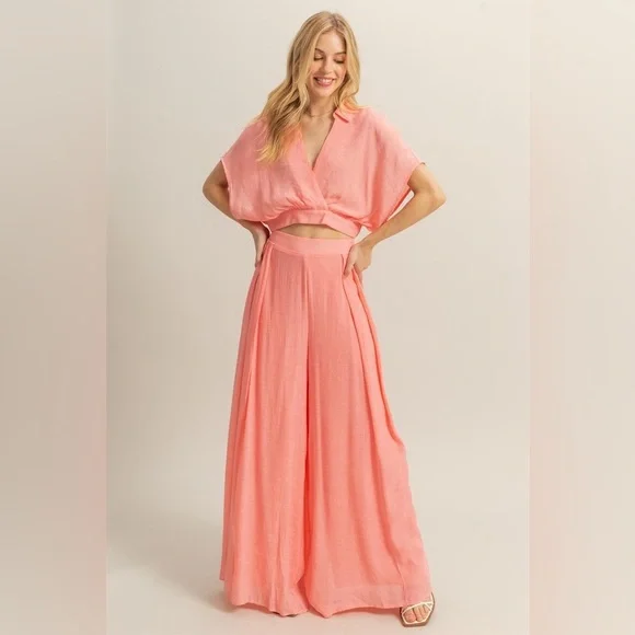 Kimono Sleeve Crop Top and Wide Leg Pants Set - Picture 2 of 5